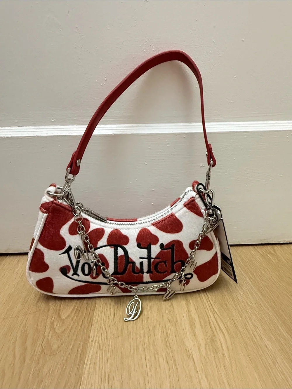 Von Dutch Red and White Cow-Print Shoulder Bag